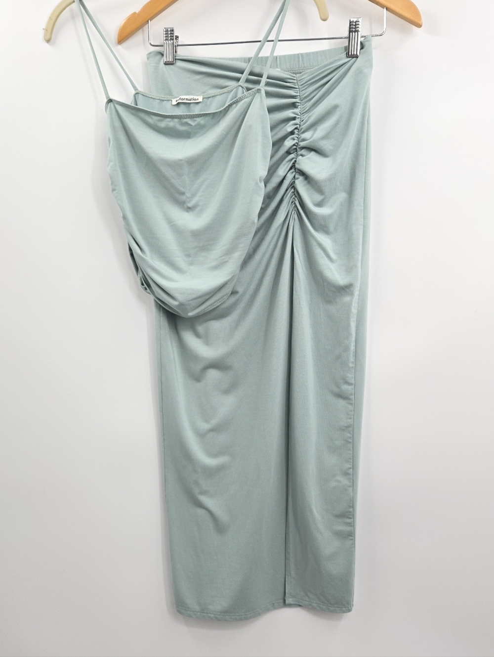Reformation Midi Skirt And Top Set Sea Glass Blue Tencell